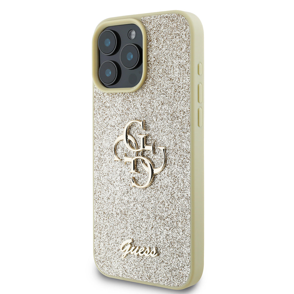 Apple iPhone 16 Pro Max Kılıf Guess 4G Büyük Metal Logolu Glitter Kapak Gold