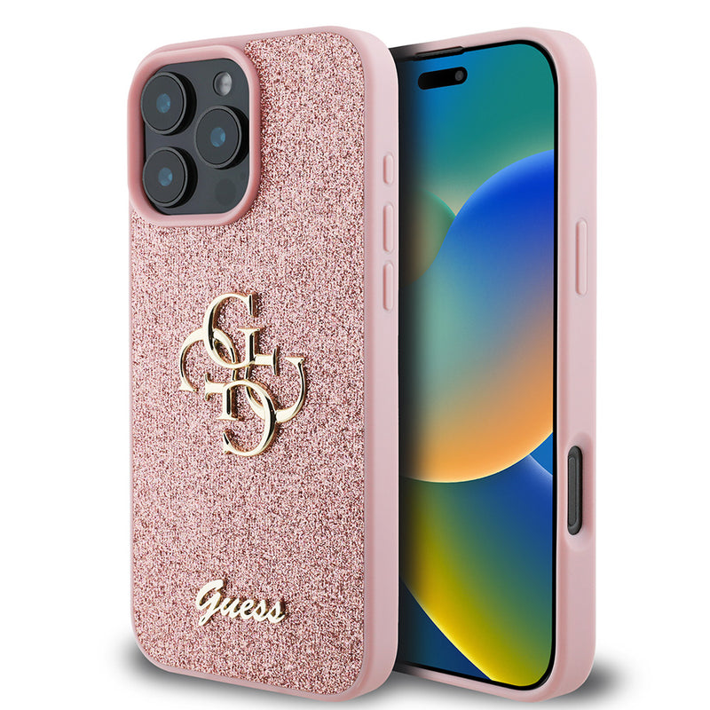 Apple iPhone 16 Pro Max Kılıf Guess 4G Büyük Metal Logolu Glitter Kapak Pembe