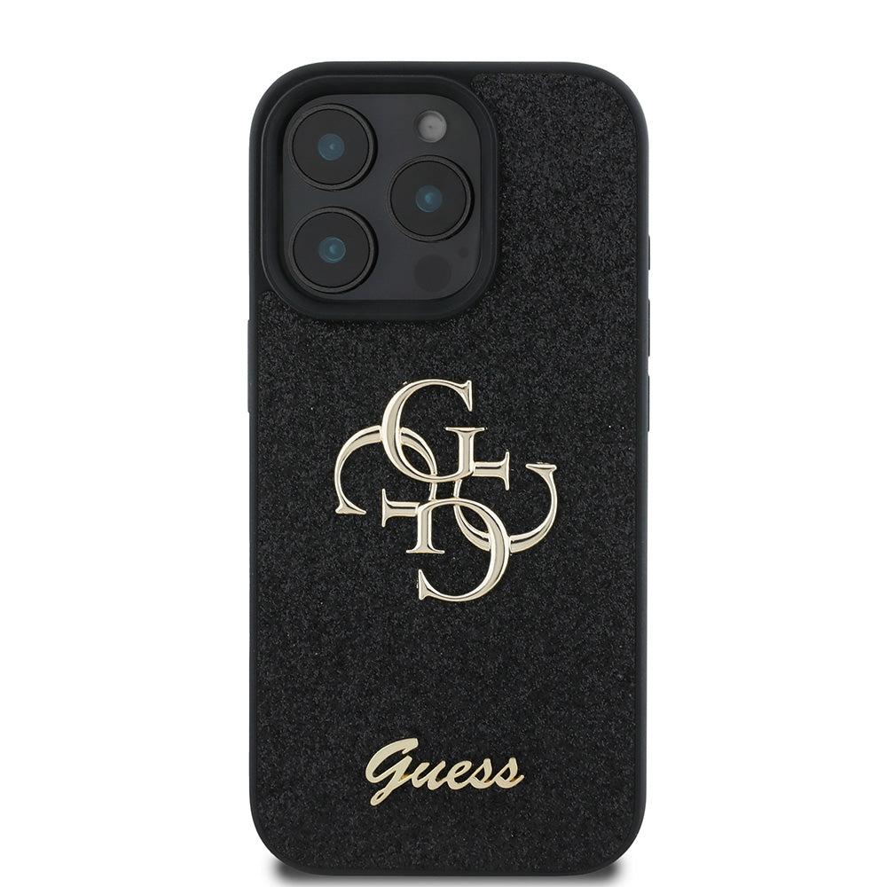 Apple iPhone 16 Pro Max Kılıf Guess 4G Büyük Metal Logolu Glitter Kapak Siyah