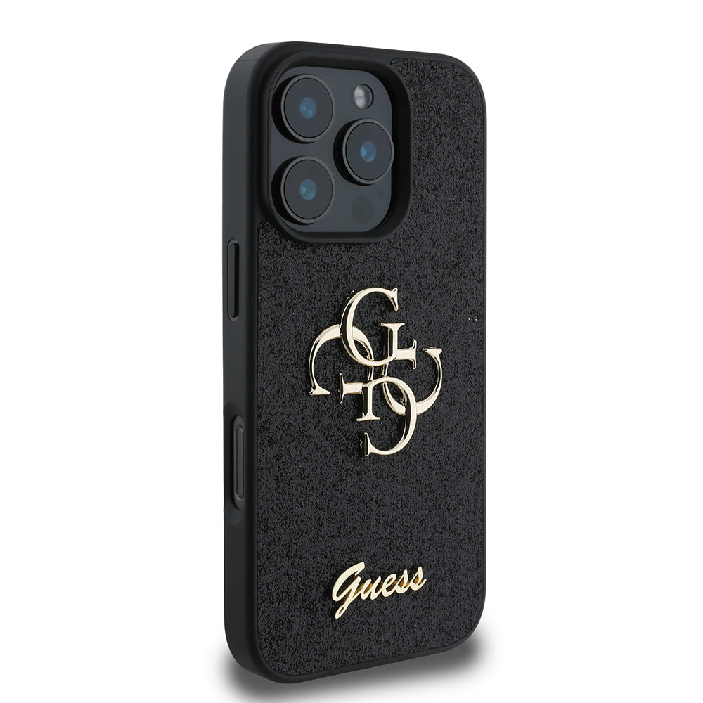 Apple iPhone 16 Pro Max Kılıf Guess 4G Büyük Metal Logolu Glitter Kapak Siyah