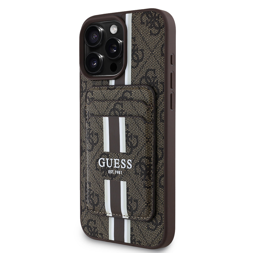 Apple iPhone 16 Pro Max Kılıf Guess Magsafe Şarj Özellikli 4G Desenli Çizgili Kartlıklı Kapak Kahverengi