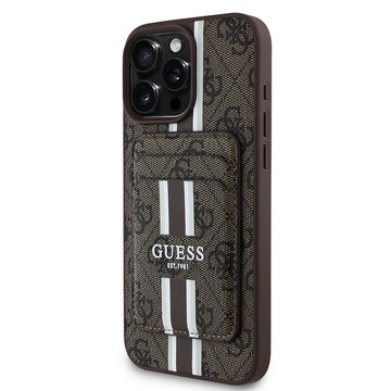 Apple iPhone 16 Pro Max Kılıf Guess Magsafe Şarj Özellikli 4G Desenli Çizgili Kartlıklı Kapak Kahverengi