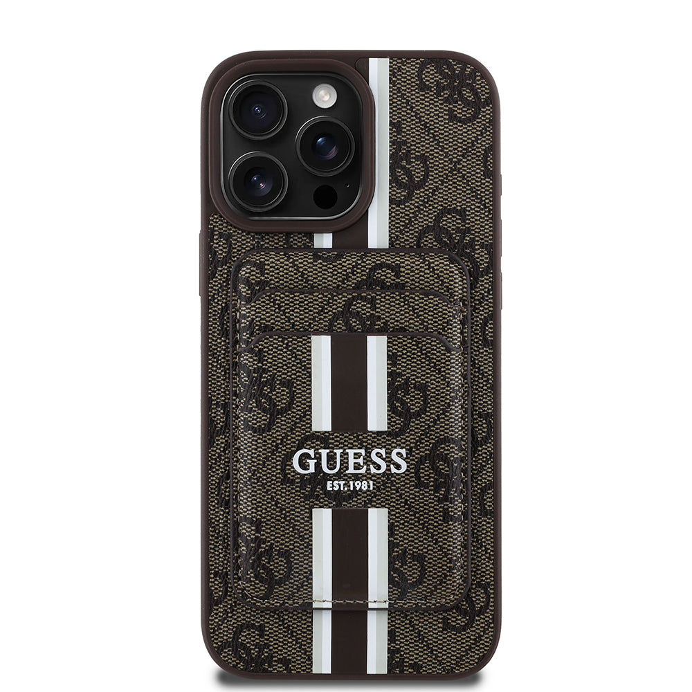 Apple iPhone 16 Pro Max Kılıf Guess Magsafe Şarj Özellikli 4G Desenli Çizgili Kartlıklı Kapak Kahverengi