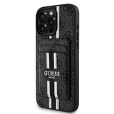 Apple iPhone 16 Pro Max Kılıf Guess Magsafe Şarj Özellikli 4G Desenli Çizgili Kartlıklı Kapak Siyah