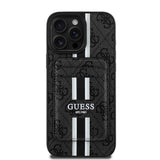 Apple iPhone 16 Pro Max Kılıf Guess Magsafe Şarj Özellikli 4G Desenli Çizgili Kartlıklı Kapak Siyah