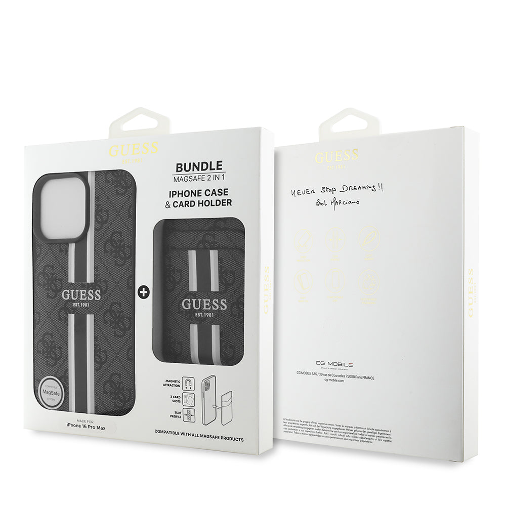 Apple iPhone 16 Pro Max Kılıf Guess Magsafe Şarj Özellikli 4G Desenli Çizgili Kartlıklı Kapak Siyah
