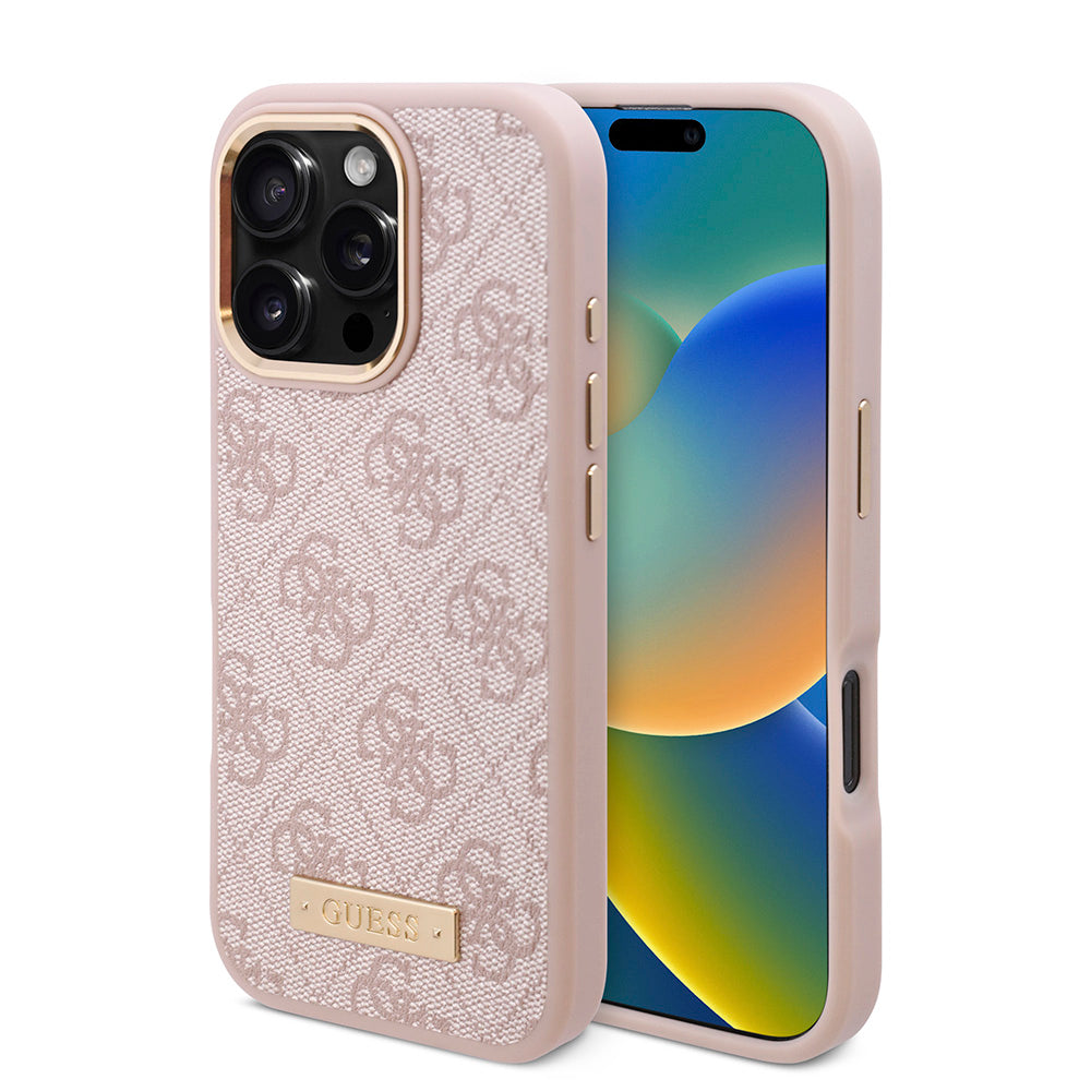 Apple iPhone 16 Pro Max Kılıf Guess Magsafe Şarj Özellikli 4G Desenli PU Metal Plaka Klasik Logolu Kapak Pembe