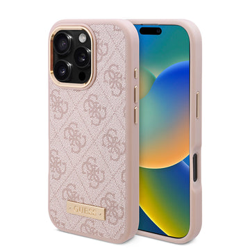 Apple iPhone 16 Pro Max Kılıf Guess Magsafe Şarj Özellikli 4G Desenli PU Metal Plaka Klasik Logolu Kapak Pembe