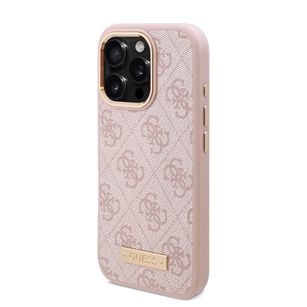 Apple iPhone 16 Pro Max Kılıf Guess Magsafe Şarj Özellikli 4G Desenli PU Metal Plaka Klasik Logolu Kapak Pembe