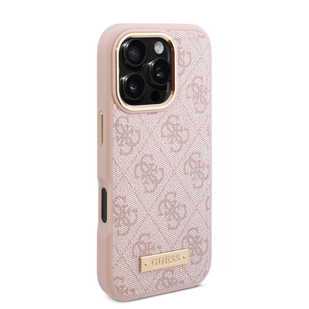 Apple iPhone 16 Pro Max Kılıf Guess Magsafe Şarj Özellikli 4G Desenli PU Metal Plaka Klasik Logolu Kapak Pembe