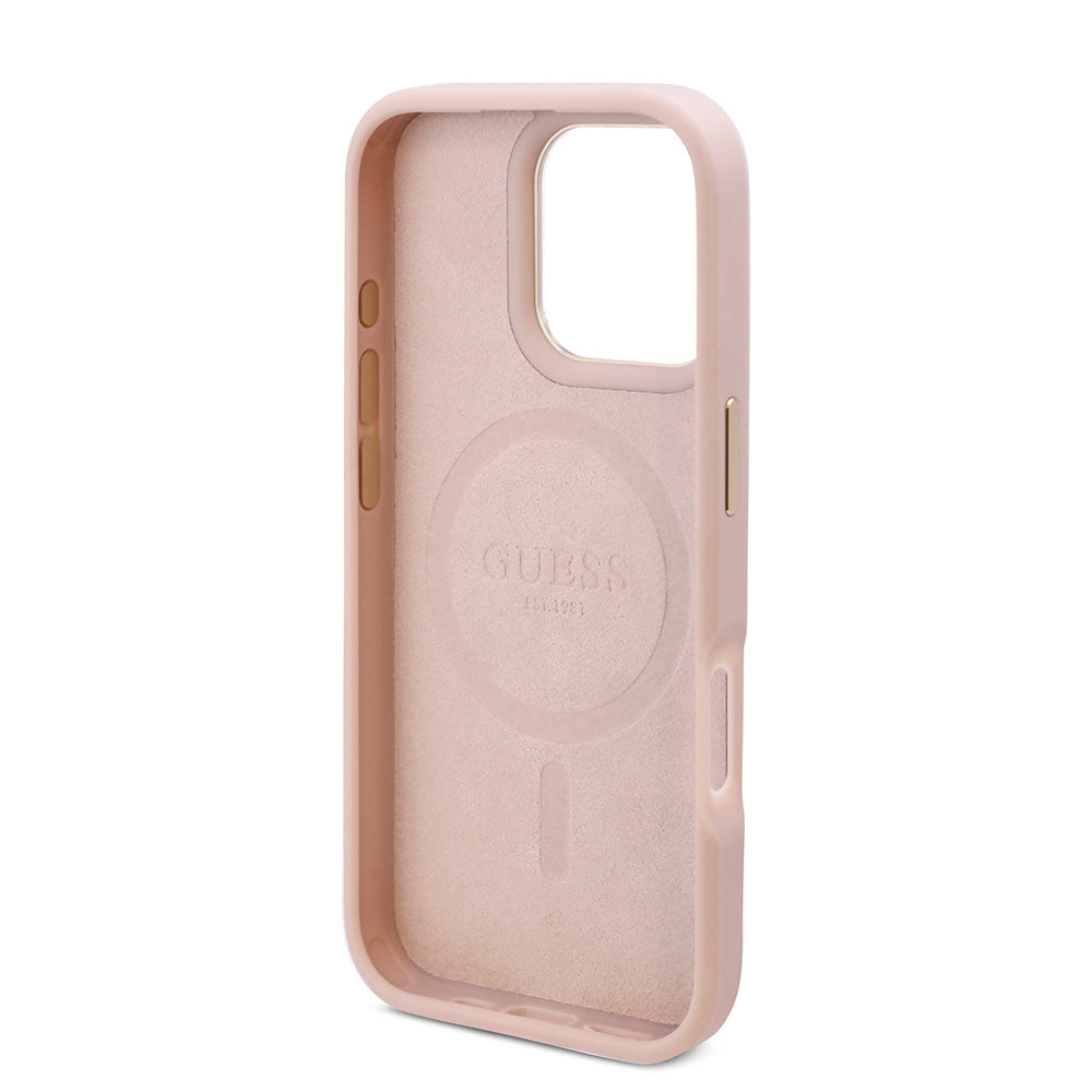 Apple iPhone 16 Pro Max Kılıf Guess Magsafe Şarj Özellikli 4G Desenli PU Metal Plaka Klasik Logolu Kapak Pembe