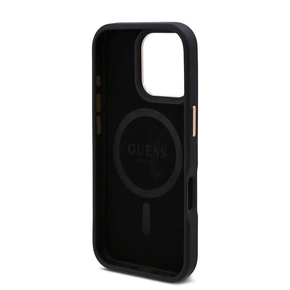 Apple iPhone 16 Pro Max Kılıf Guess Magsafe Şarj Özellikli 4G Desenli PU Metal Plaka Klasik Logolu Kapak Siyah