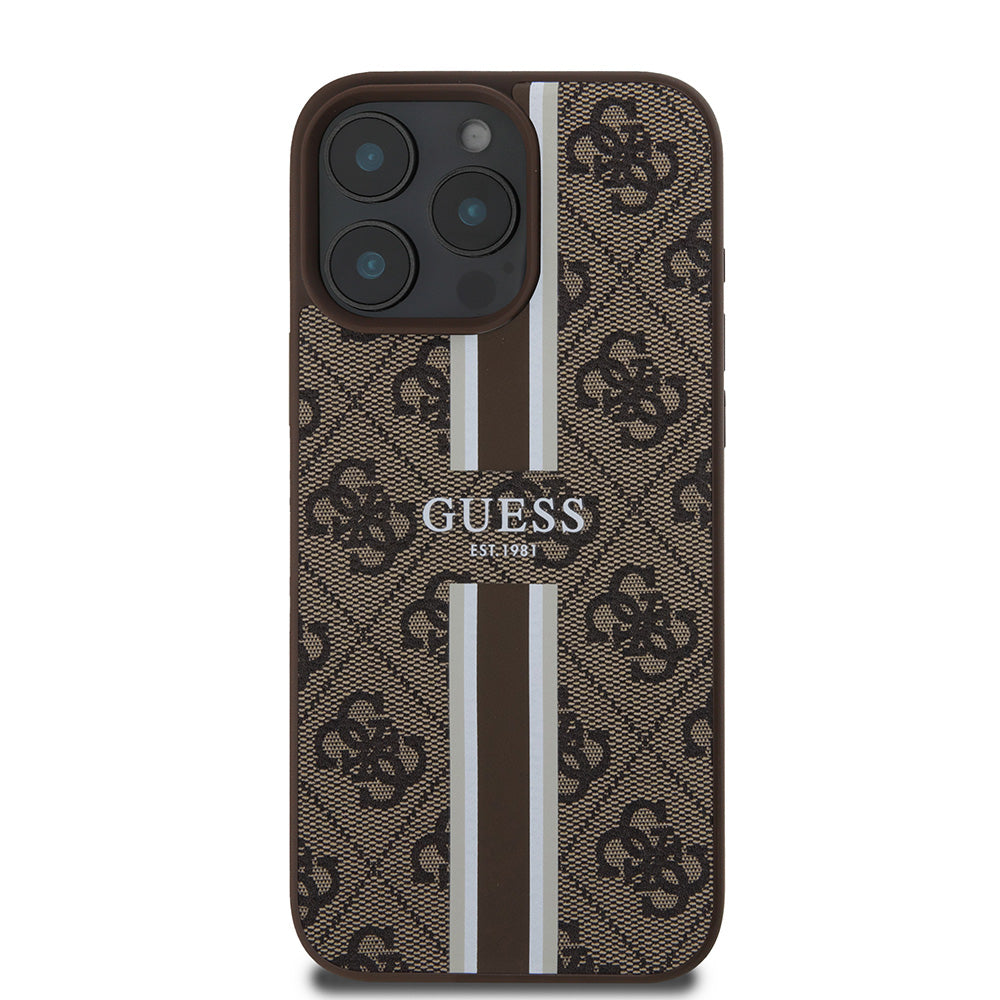 Apple iPhone 16 Pro Max Kılıf Guess Magsafe Şarj Özellikli 4G Şerit Tasarımlı Printed Kapak Kahverengi