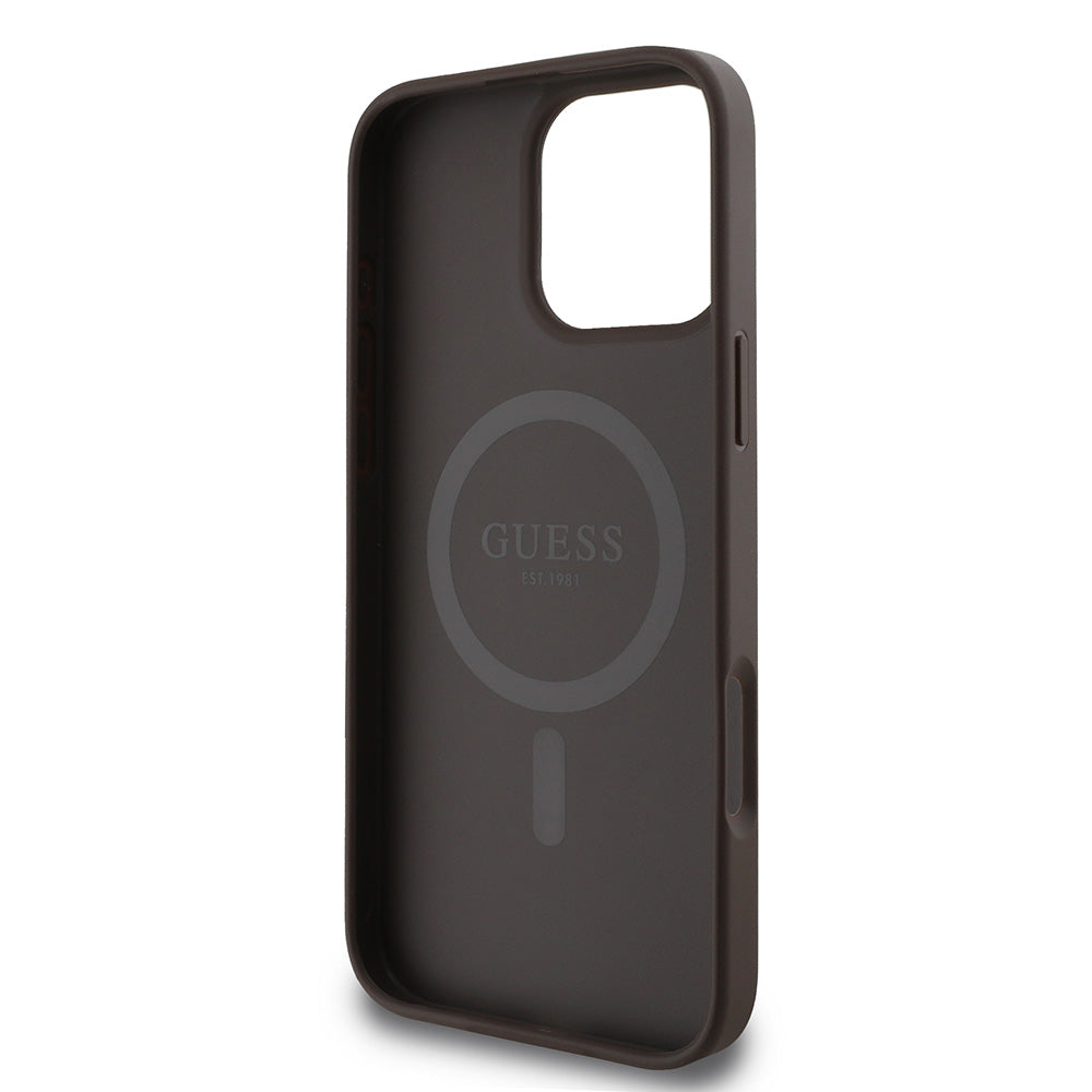 Apple iPhone 16 Pro Max Kılıf Guess Magsafe Şarj Özellikli 4G Şerit Tasarımlı Printed Kapak Kahverengi