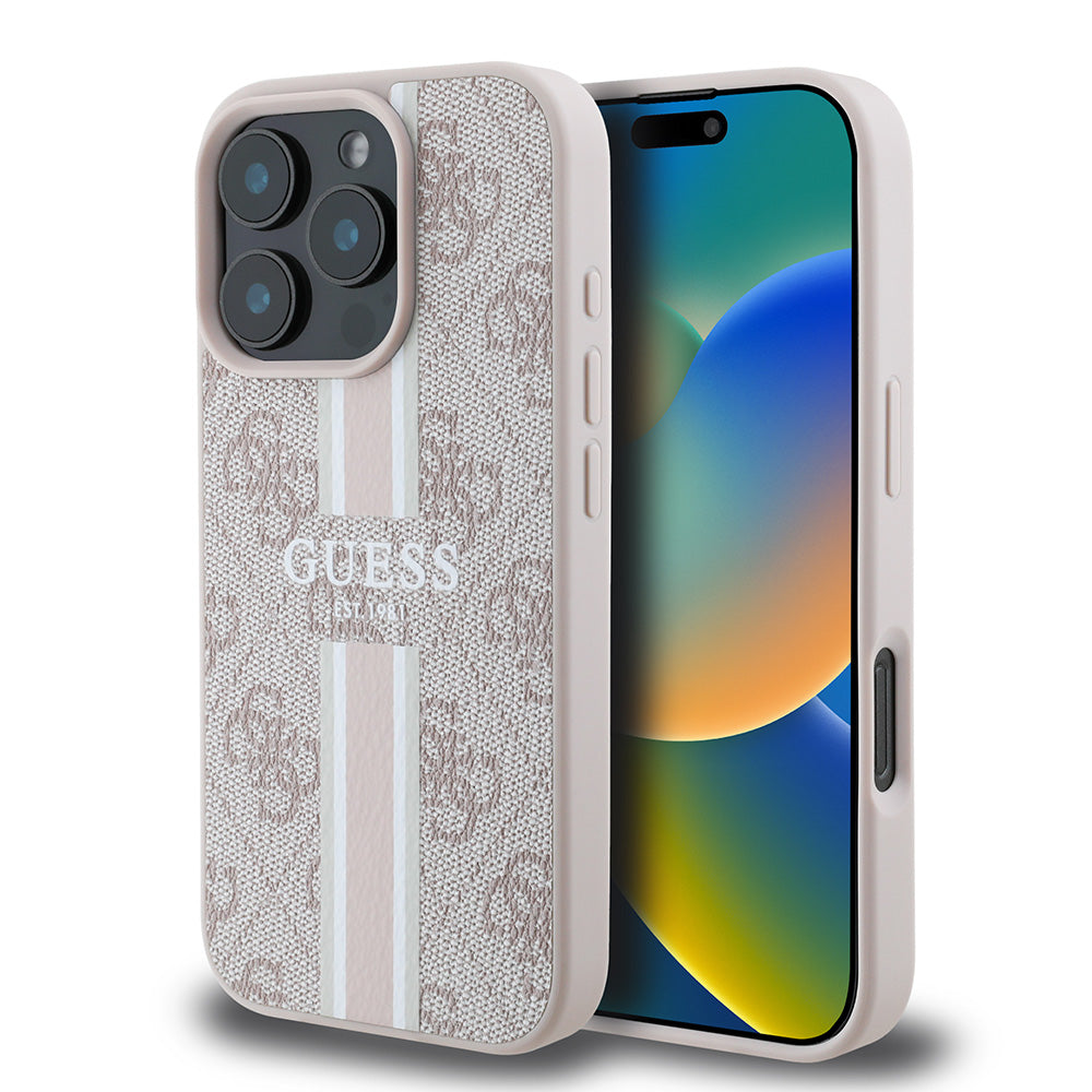 Apple iPhone 16 Pro Max Kılıf Guess Magsafe Şarj Özellikli 4G Şerit Tasarımlı Printed Kapak Pembe