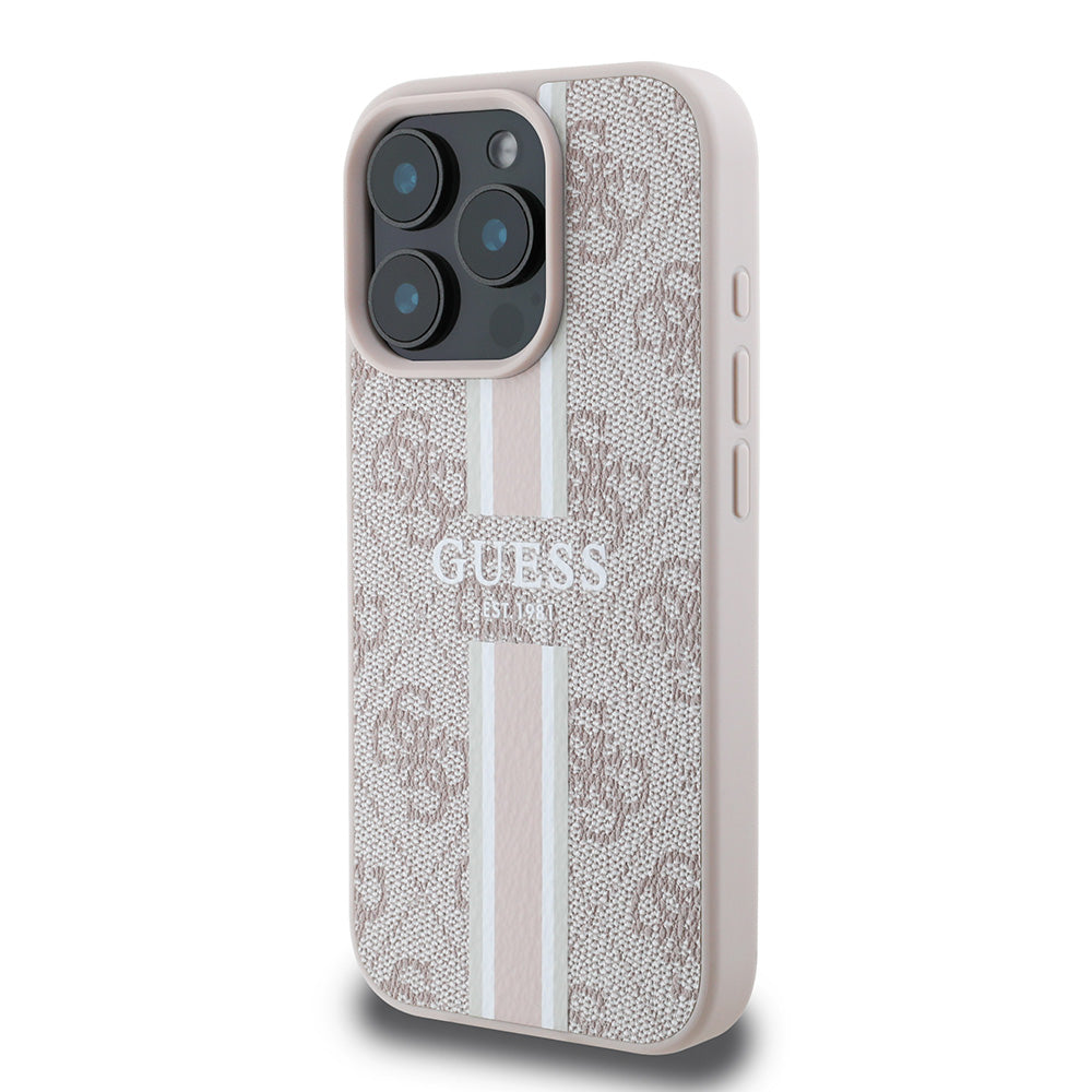 Apple iPhone 16 Pro Max Kılıf Guess Magsafe Şarj Özellikli 4G Şerit Tasarımlı Printed Kapak Pembe