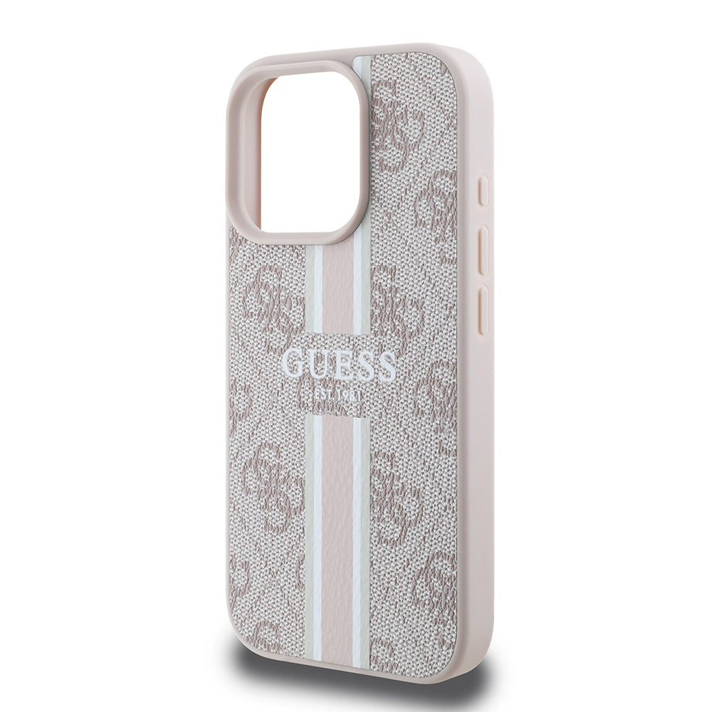 Apple iPhone 16 Pro Max Kılıf Guess Magsafe Şarj Özellikli 4G Şerit Tasarımlı Printed Kapak Pembe