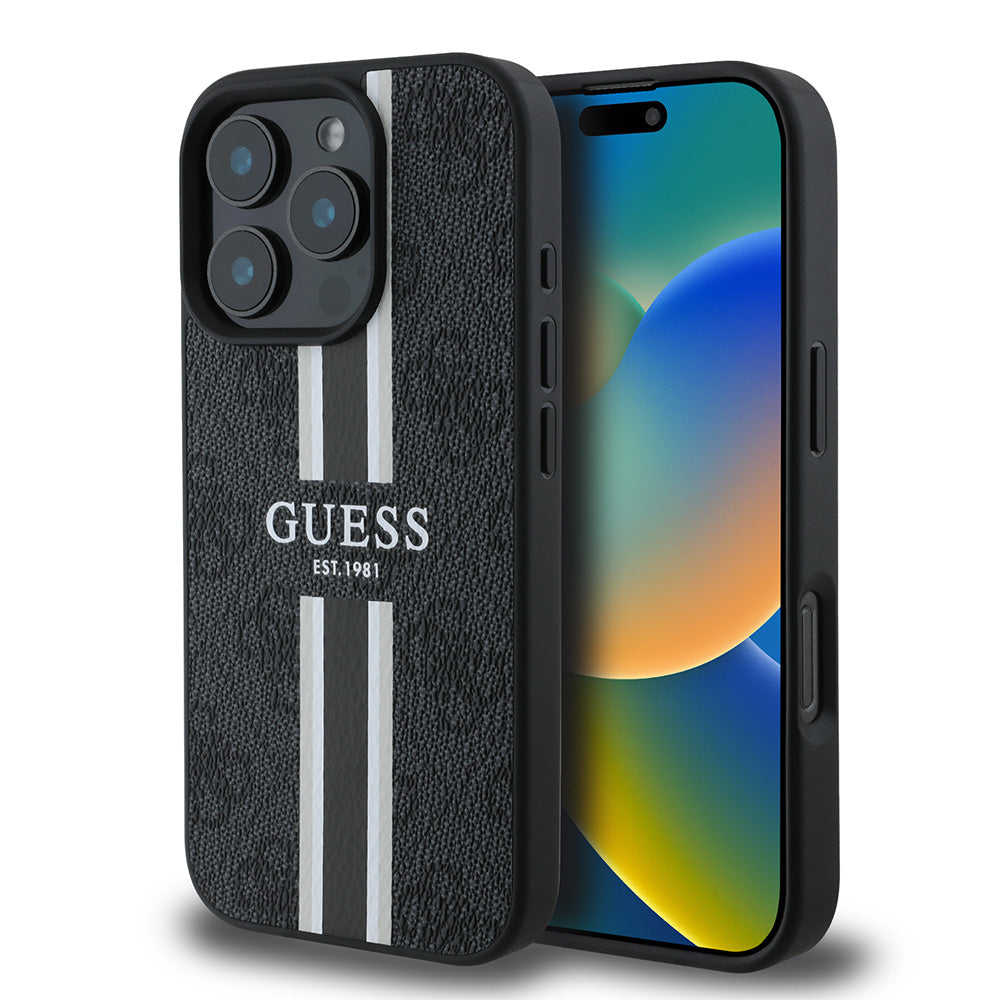 Apple iPhone 16 Pro Max Kılıf Guess Magsafe Şarj Özellikli 4G Şerit Tasarımlı Printed Kapak Siyah