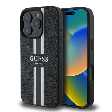 Apple iPhone 16 Pro Max Kılıf Guess Magsafe Şarj Özellikli 4G Şerit Tasarımlı Printed Kapak Siyah