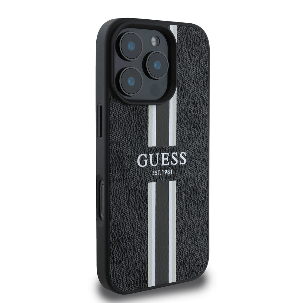 Apple iPhone 16 Pro Max Kılıf Guess Magsafe Şarj Özellikli 4G Şerit Tasarımlı Printed Kapak Siyah