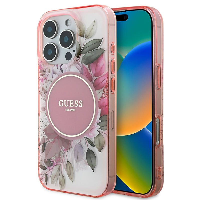 Apple iPhone 16 Pro Max Kılıf Guess Magsafe Şarj Özellikli Flower Tonal Circle Kapak Pembe