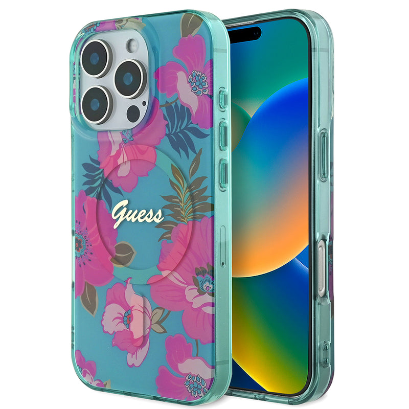 Apple iPhone 16 Pro Max Kılıf Guess Magsafe Şarj Özellikli Flower Tone On Tone Ring Kapak Pembe