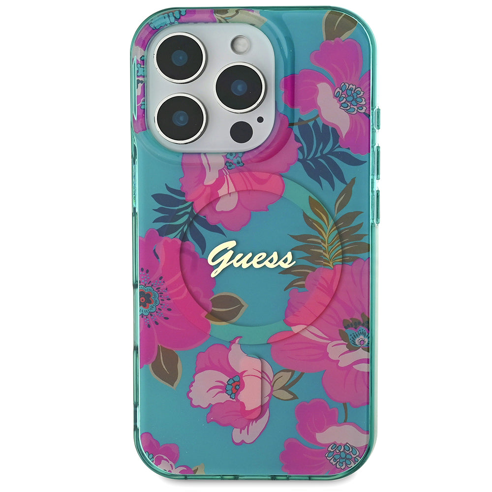 Apple iPhone 16 Pro Max Kılıf Guess Magsafe Şarj Özellikli Flower Tone On Tone Ring Kapak Pembe