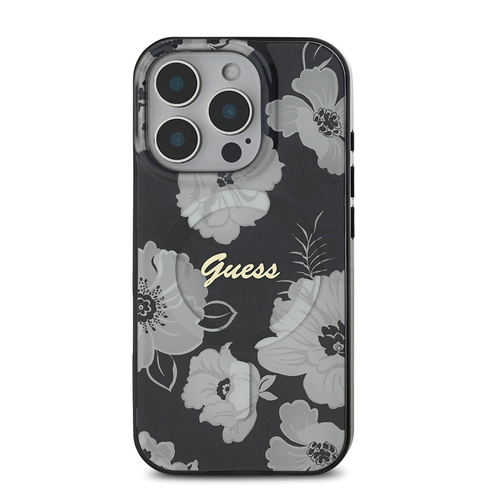 Apple iPhone 16 Pro Max Kılıf Guess Magsafe Şarj Özellikli Flower Tone On Tone Ring Kapak Siyah