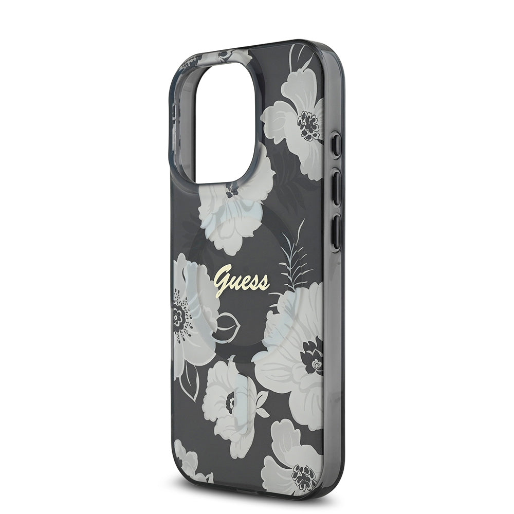 Apple iPhone 16 Pro Max Kılıf Guess Magsafe Şarj Özellikli Flower Tone On Tone Ring Kapak Siyah