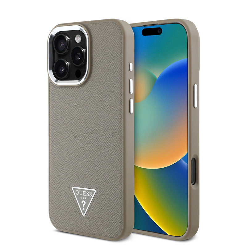 Apple iPhone 16 Pro Max Kılıf Guess Magsafe Şarj Özellikli Grained Triangle Kapak Kahverengi
