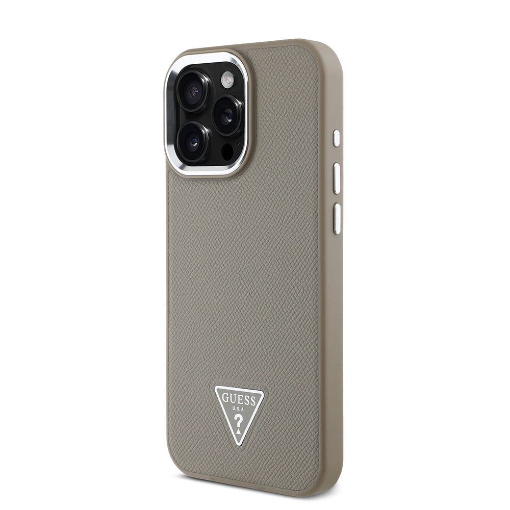 Apple iPhone 16 Pro Max Kılıf Guess Magsafe Şarj Özellikli Grained Triangle Kapak Kahverengi