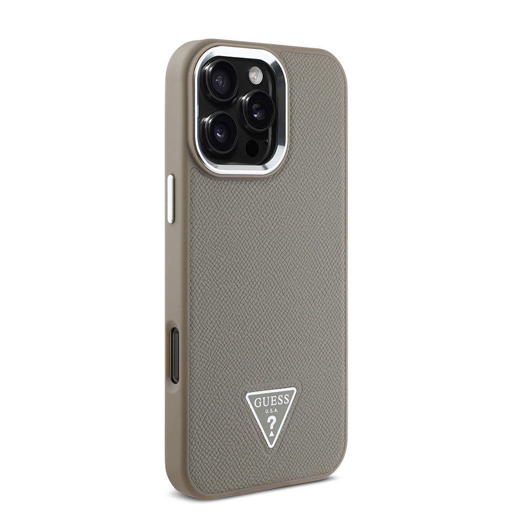 Apple iPhone 16 Pro Max Kılıf Guess Magsafe Şarj Özellikli Grained Triangle Kapak Kahverengi