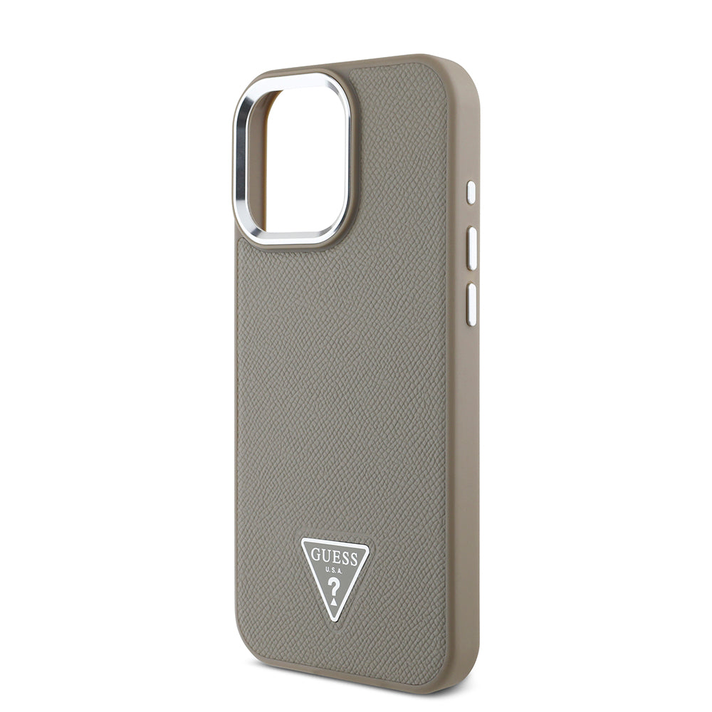 Apple iPhone 16 Pro Max Kılıf Guess Magsafe Şarj Özellikli Grained Triangle Kapak Kahverengi