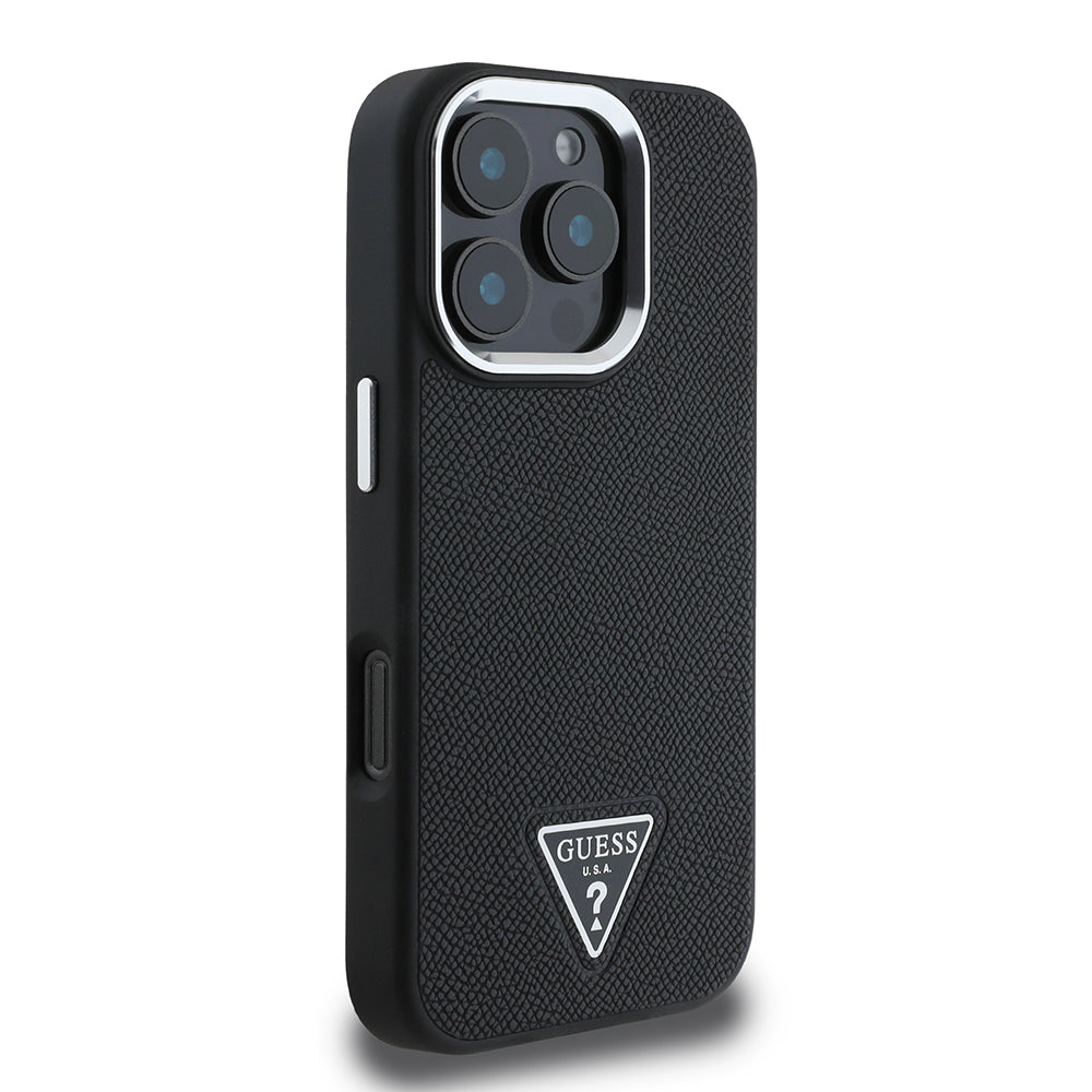 Apple iPhone 16 Pro Max Kılıf Guess Magsafe Şarj Özellikli Grained Triangle Kapak Siyah