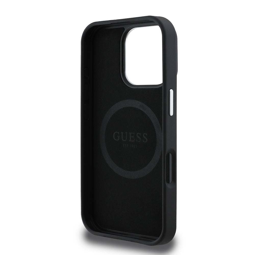 Apple iPhone 16 Pro Max Kılıf Guess Magsafe Şarj Özellikli Grained Triangle Kapak Siyah