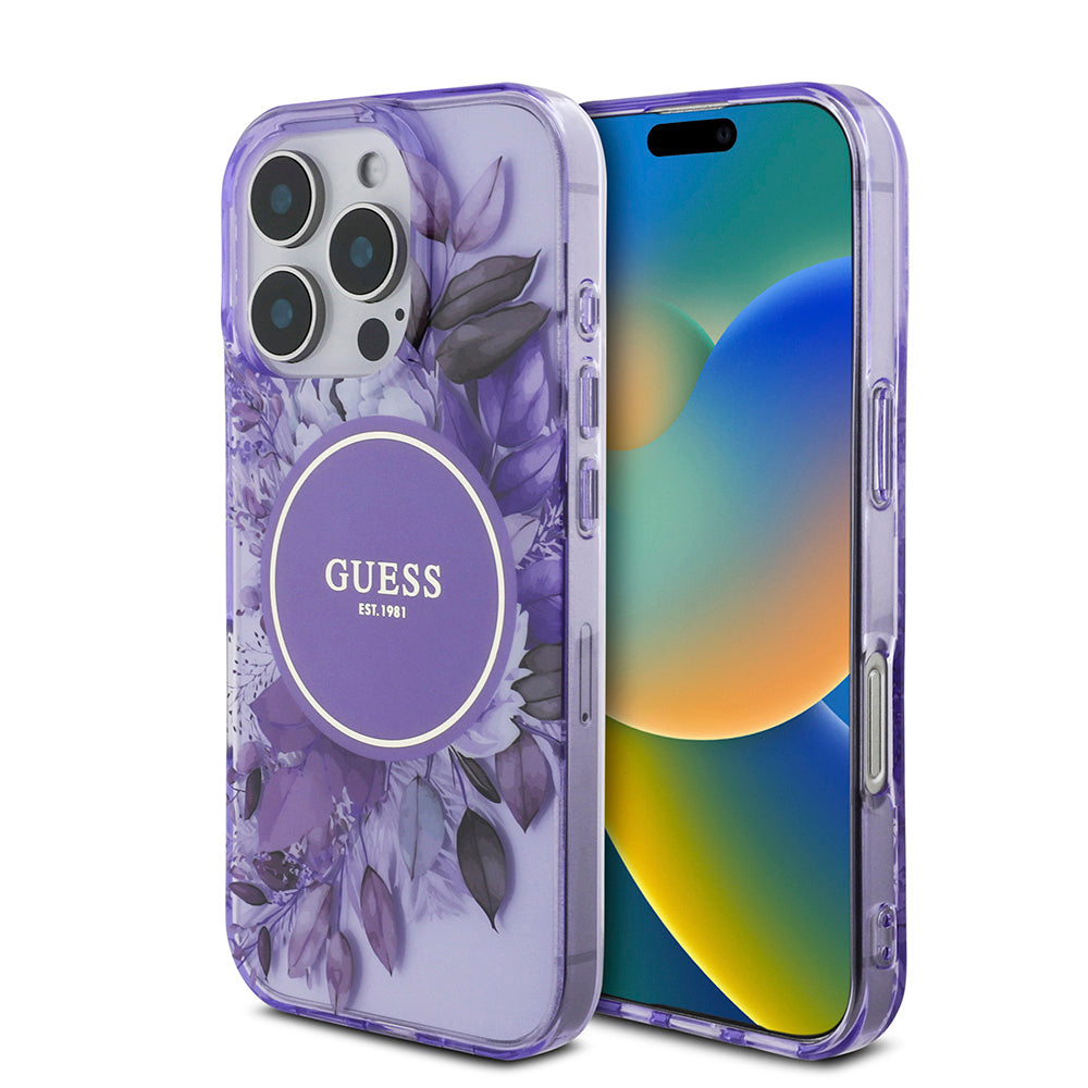 Apple iPhone 16 Pro Max Kılıf Guess Magsafe Şarj Özellikli IML Baskılı Çiçek İnci Bileklikli Kapak Mor