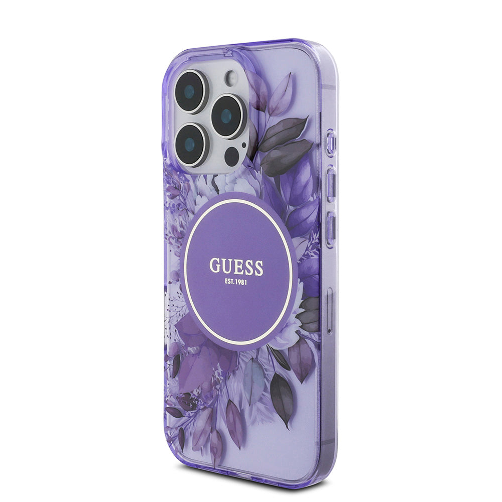 Apple iPhone 16 Pro Max Kılıf Guess Magsafe Şarj Özellikli IML Baskılı Çiçek İnci Bileklikli Kapak Mor