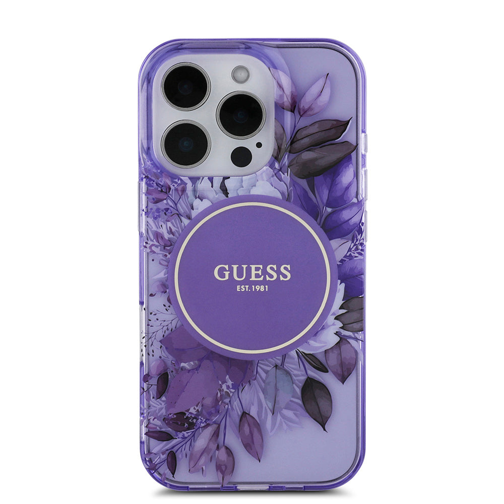 Apple iPhone 16 Pro Max Kılıf Guess Magsafe Şarj Özellikli IML Baskılı Çiçek İnci Bileklikli Kapak Mor