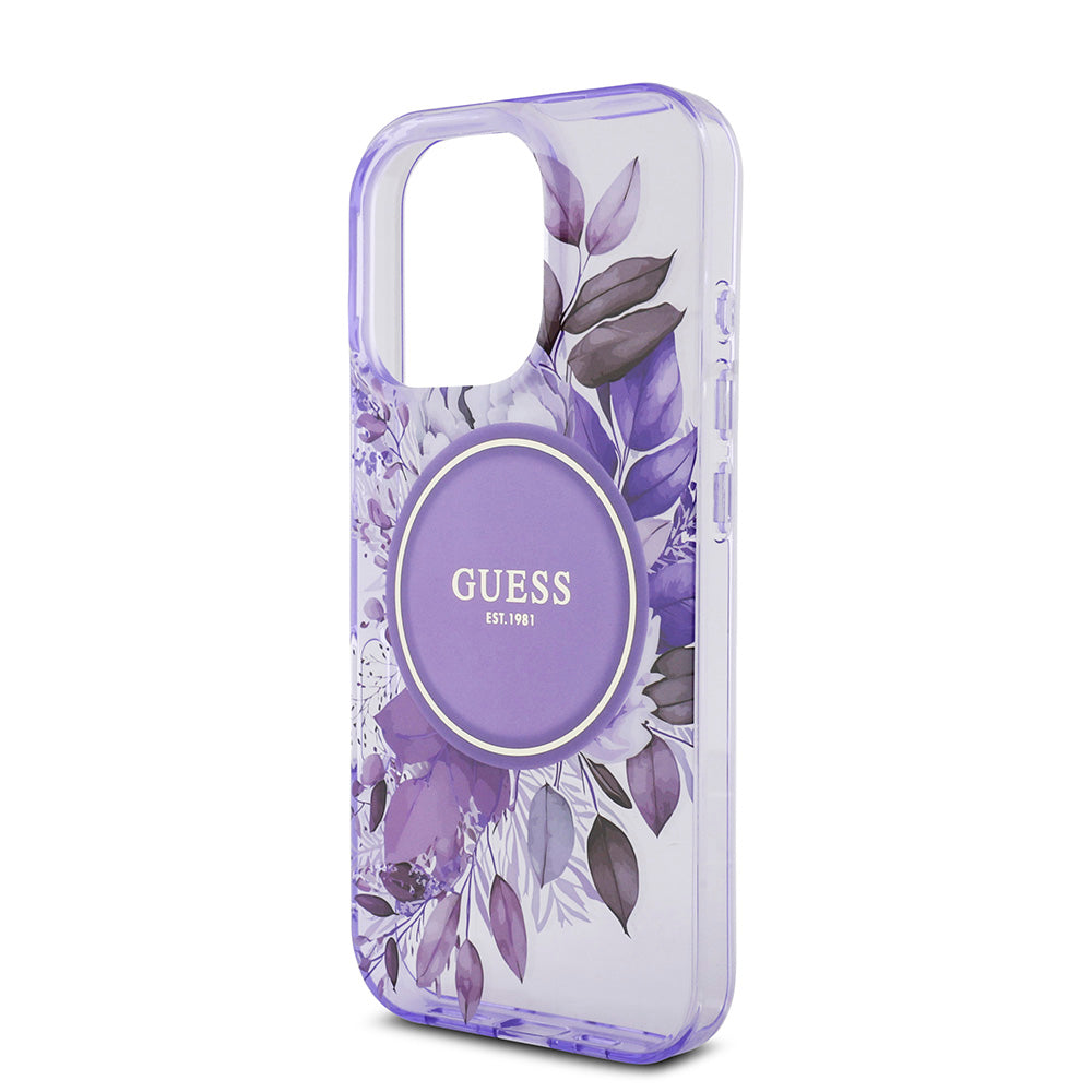 Apple iPhone 16 Pro Max Kılıf Guess Magsafe Şarj Özellikli IML Baskılı Çiçek İnci Bileklikli Kapak Mor