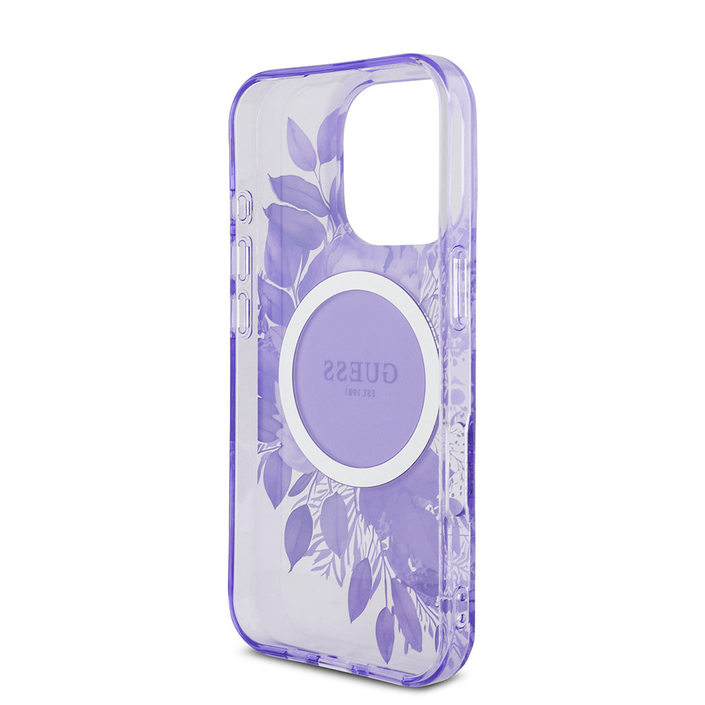 Apple iPhone 16 Pro Max Kılıf Guess Magsafe Şarj Özellikli IML Baskılı Çiçek İnci Bileklikli Kapak Mor