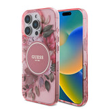 Apple iPhone 16 Pro Max Kılıf Guess Magsafe Şarj Özellikli IML Baskılı Çiçek İnci Bileklikli Kapak Pembe