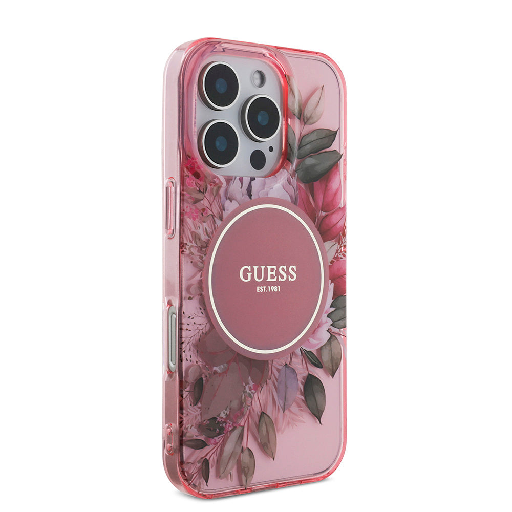 Apple iPhone 16 Pro Max Kılıf Guess Magsafe Şarj Özellikli IML Baskılı Çiçek İnci Bileklikli Kapak Pembe