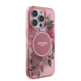 Apple iPhone 16 Pro Max Kılıf Guess Magsafe Şarj Özellikli IML Baskılı Çiçek İnci Bileklikli Kapak Pembe