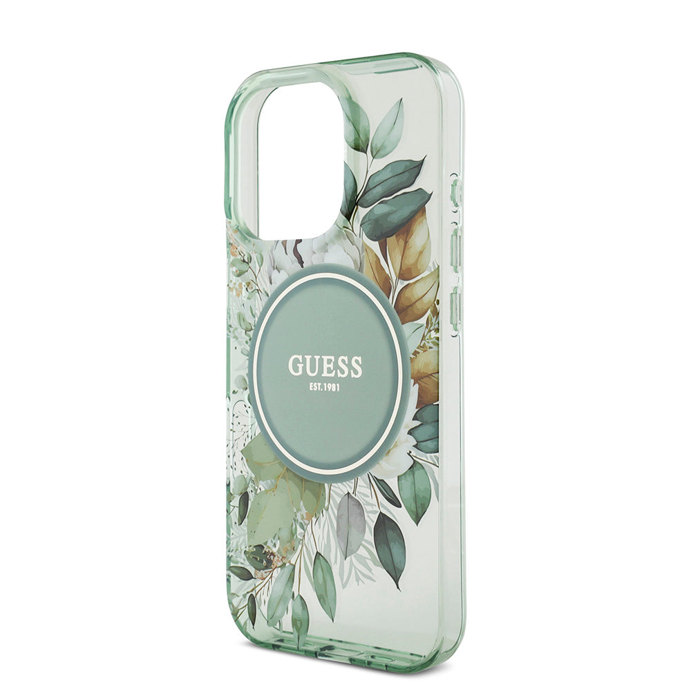Apple iPhone 16 Pro Max Kılıf Guess Magsafe Şarj Özellikli IML Baskılı Çiçek İnci Bileklikli Kapak Yeşil