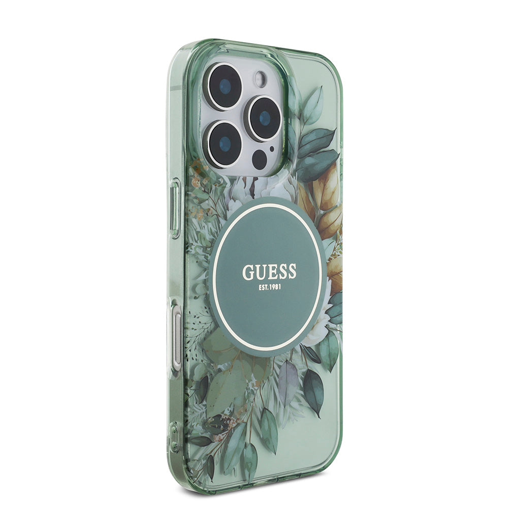 Apple iPhone 16 Pro Max Kılıf Guess Magsafe Şarj Özellikli IML Baskılı Çiçek İnci Bileklikli Kapak Yeşil