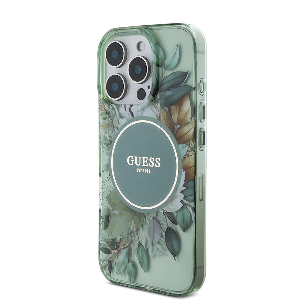 Apple iPhone 16 Pro Max Kılıf Guess Magsafe Şarj Özellikli IML Baskılı Çiçek İnci Bileklikli Kapak Yeşil