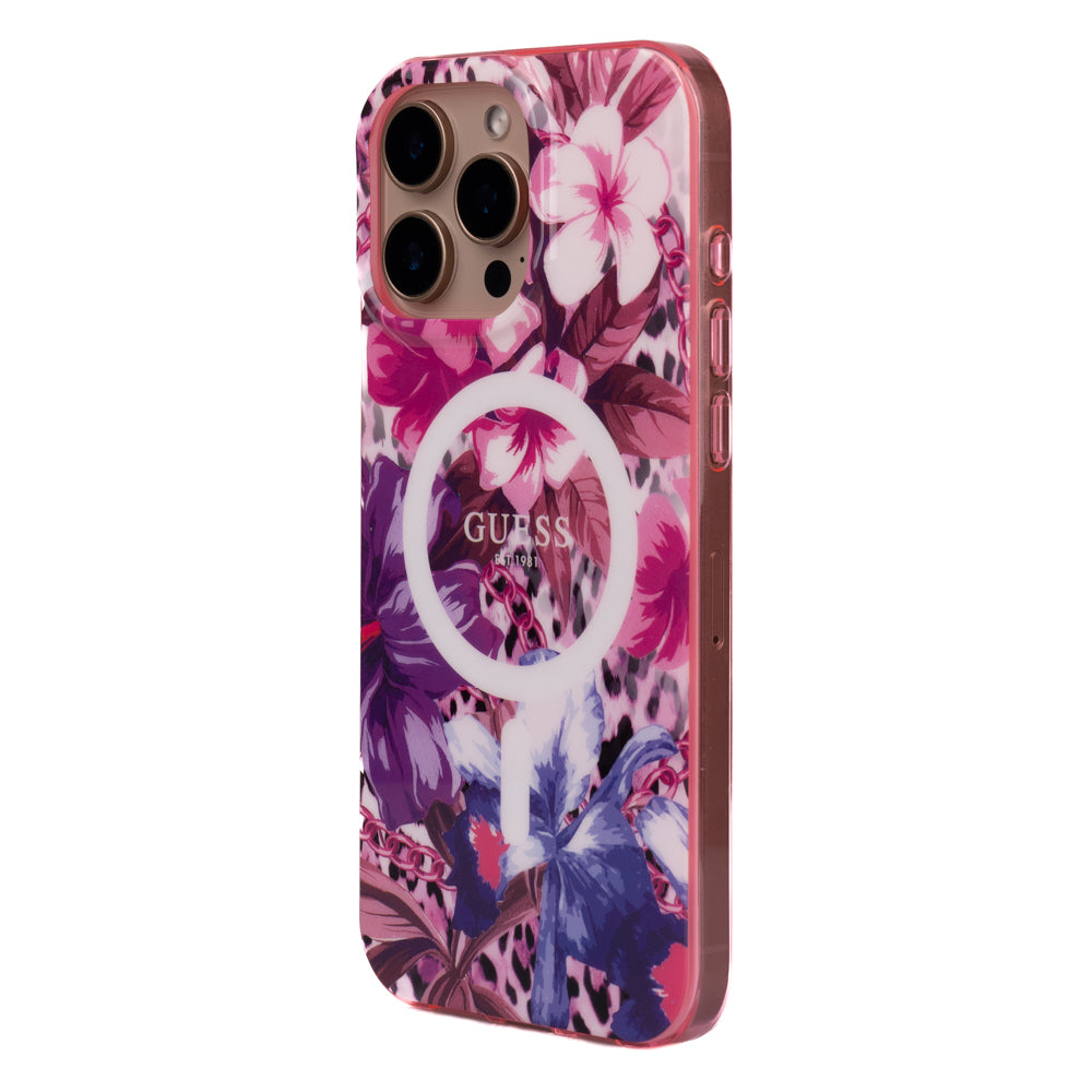 Apple iPhone 16 Pro Max Kılıf Guess Magsafe Şarj Özellikli IML Baskılı Jungle Ring Kapak Mor