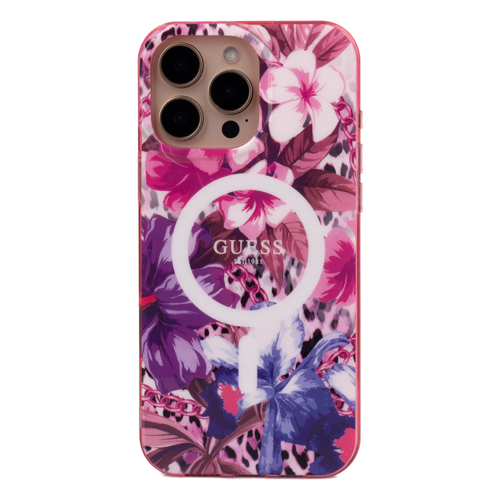 Apple iPhone 16 Pro Max Kılıf Guess Magsafe Şarj Özellikli IML Baskılı Jungle Ring Kapak Mor