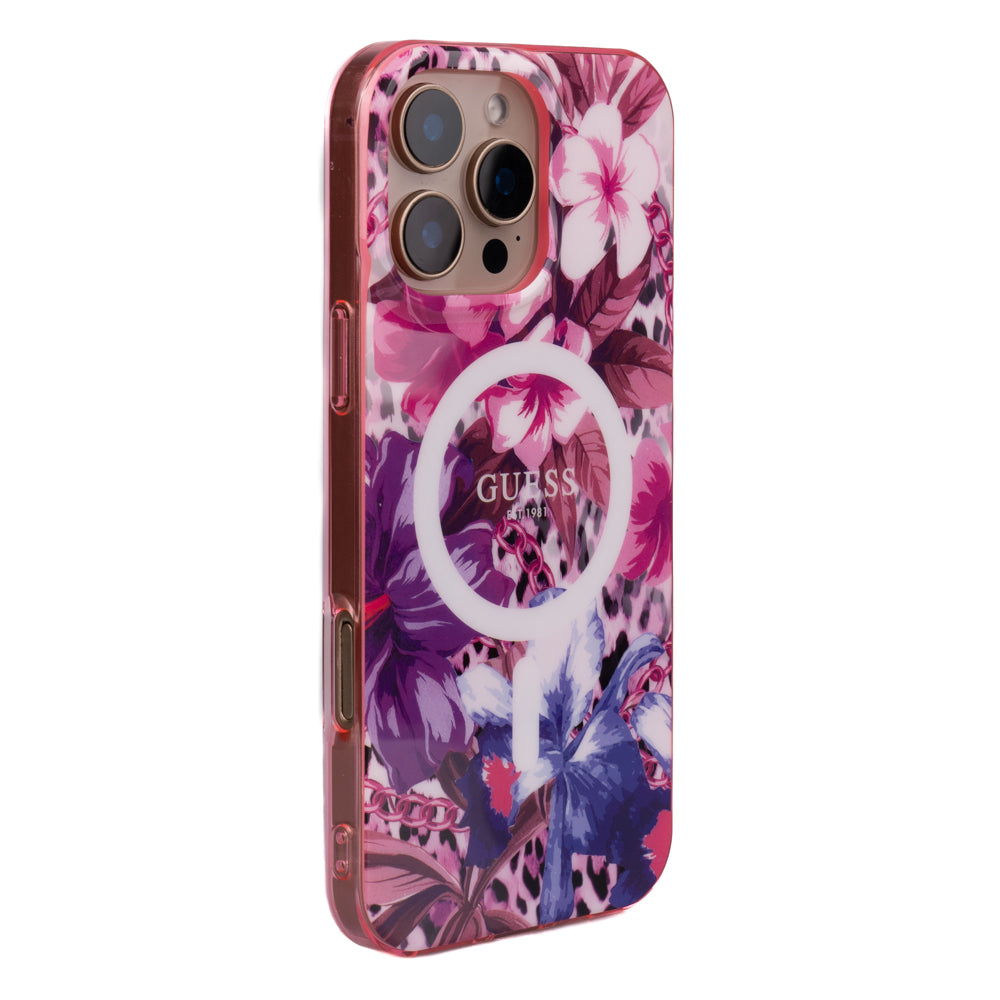 Apple iPhone 16 Pro Max Kılıf Guess Magsafe Şarj Özellikli IML Baskılı Jungle Ring Kapak Mor