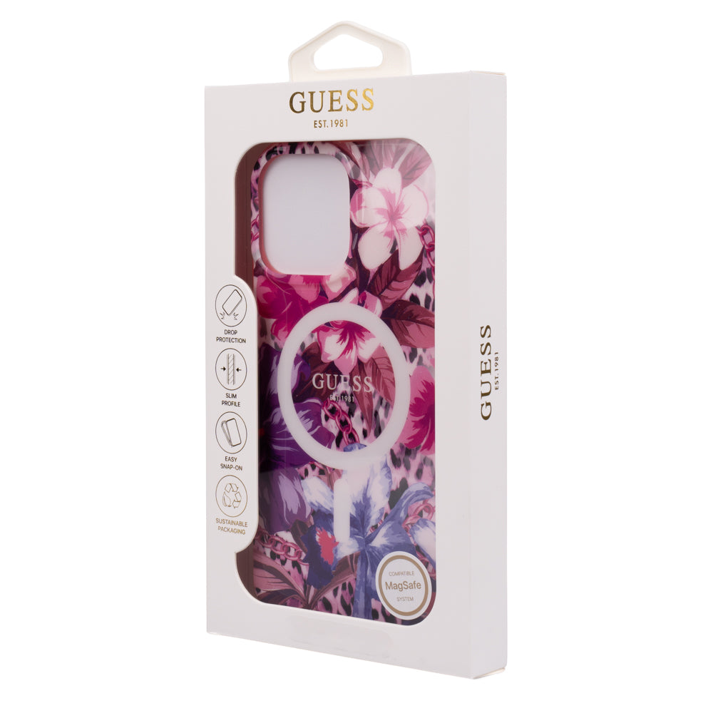 Apple iPhone 16 Pro Max Kılıf Guess Magsafe Şarj Özellikli IML Baskılı Jungle Ring Kapak Mor
